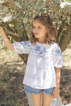 Blouse - Blanc Carreaux Broderies