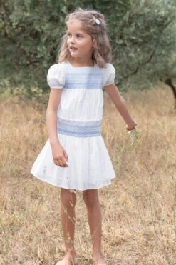 Robe - Blanc Smocks Bleu